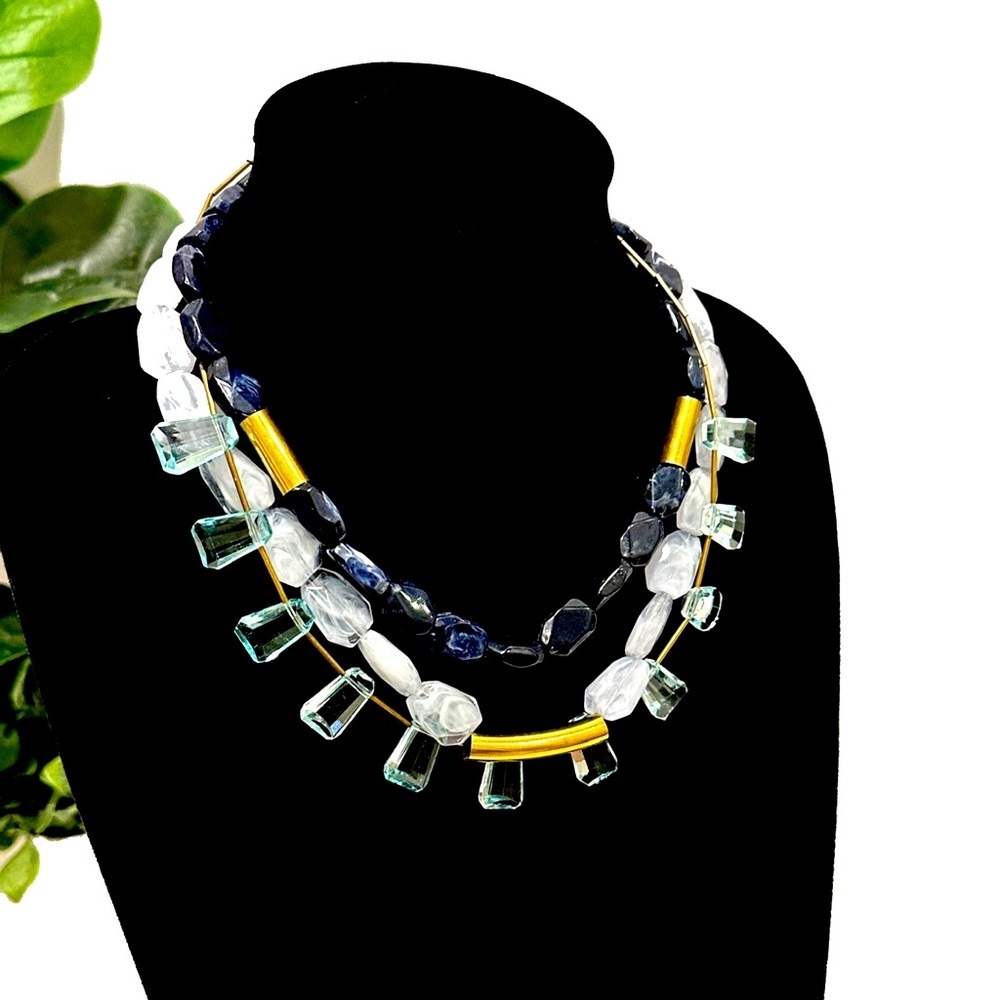 LOFT 3-Layer lucite, blue stone & brassy gold bib necklace NEW